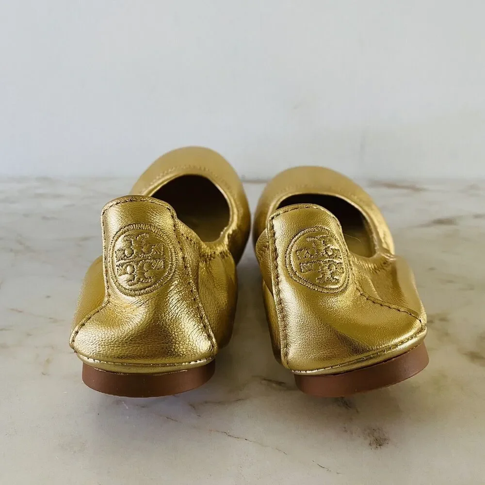 TORY BURCH Solid Metallic Gold Leather Bendable Ballerina Flats - US 6.5 - Picture 6 of 8
